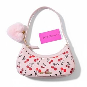 Betsey Johnson PINK Cherry Bow Hobo Bag & Plush Bag Charm Hearts Locket NEW NWT